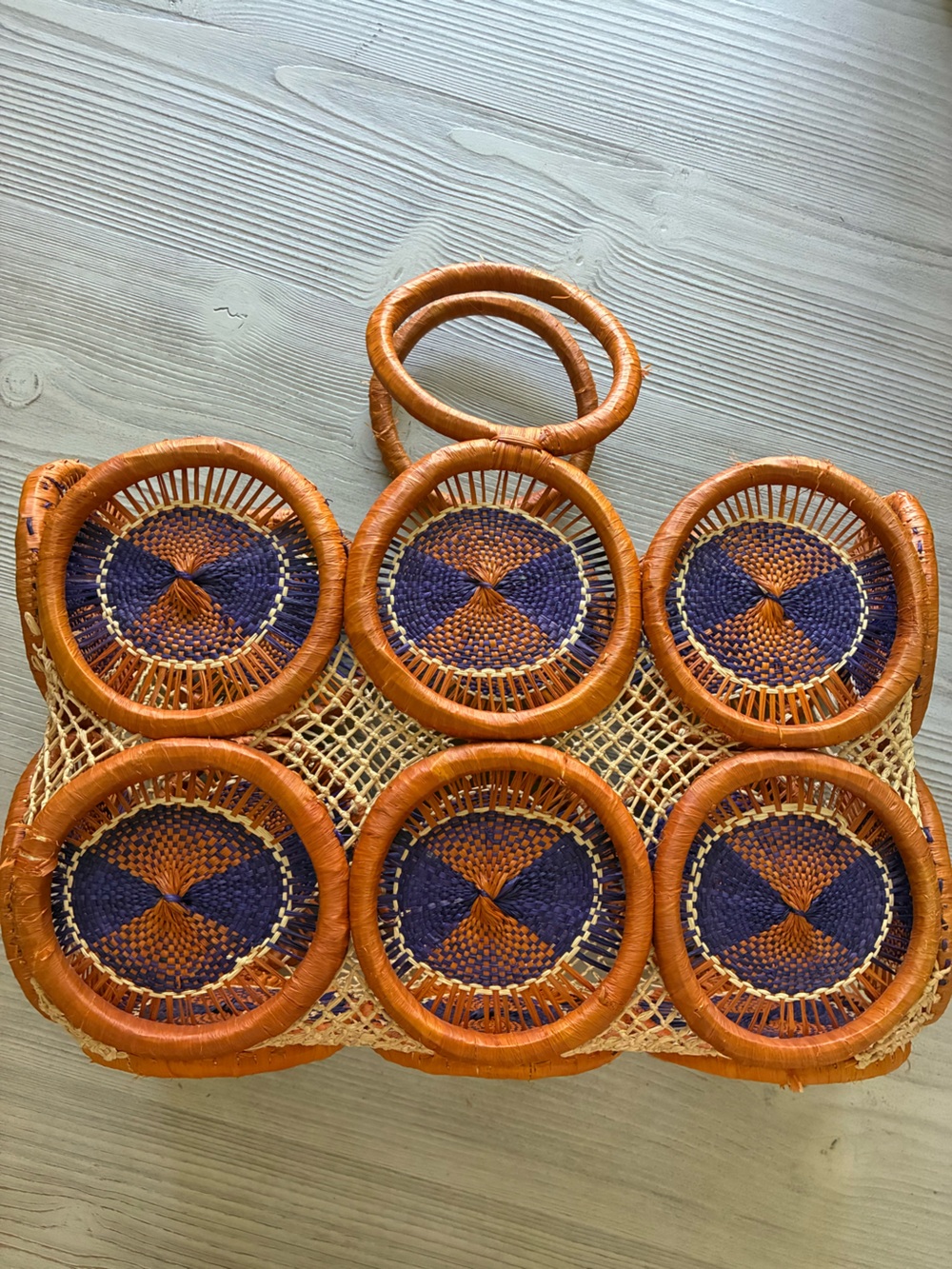 Handwoven Blueish Purple and Orange Rafia Loop Market Bag - Picture 2 of 5